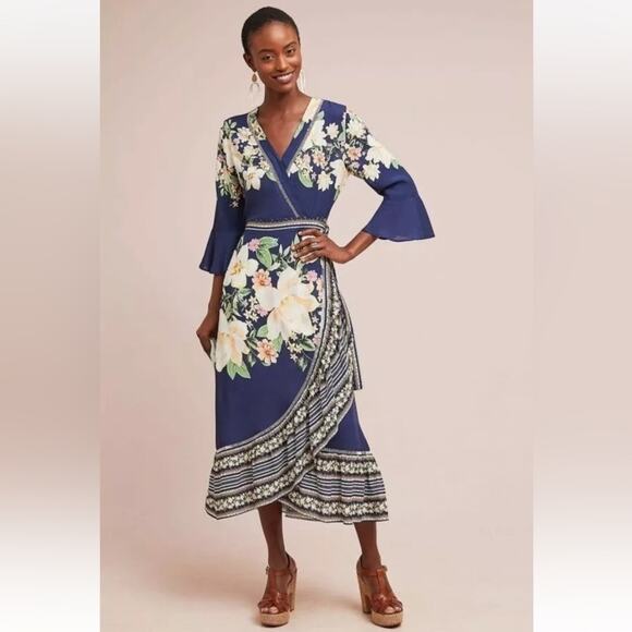 ANTHROPOLOGIE FARM RIO DE JANEIRO MIDNIGHT FLOWER WRAP DRESS SMALL - Picture 1 of 12